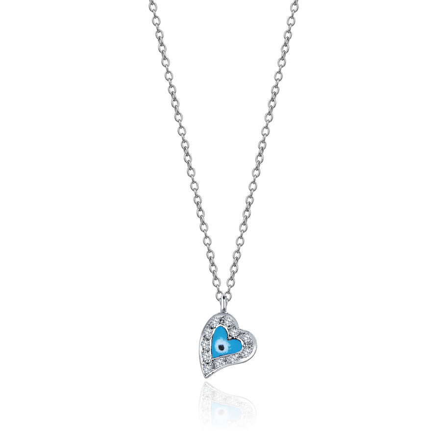 Diamond Evil Eye Heart 18K White Gold Necklace