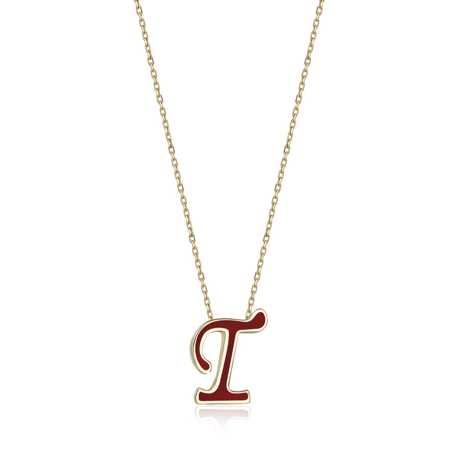 Red 14K Gold Initial Necklace (T)